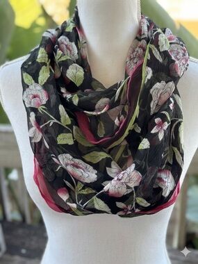 J. Jill Wearever 100% Silk Floral Infinity Scarf Black Pink Green